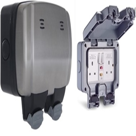 DOUBLE SWITCHED 13A OUTDOOR  SOCKET BRUSHED STEEL