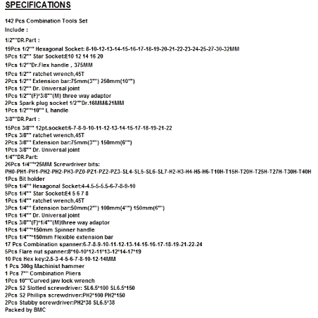 TOTAL COMBINATION TOOLS SET 142PCS